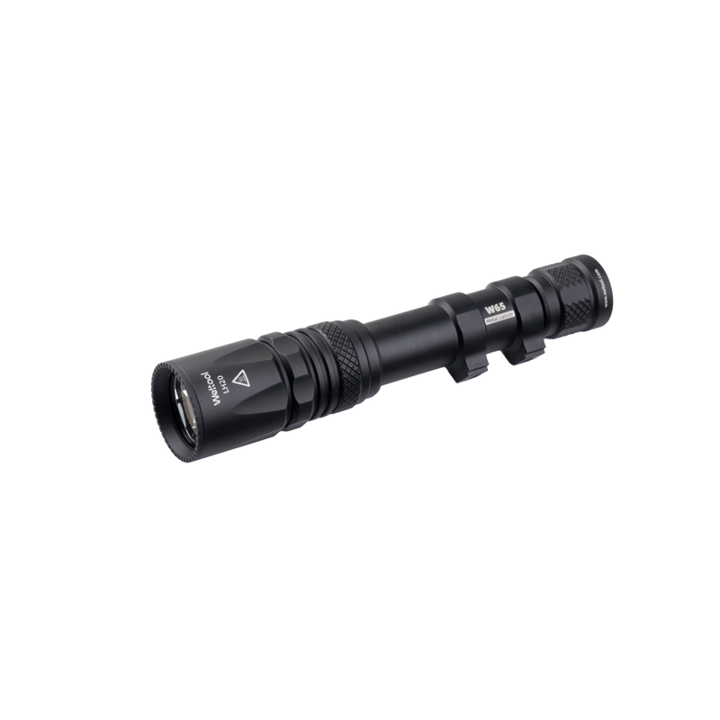 The Weltool W65S is a black long-range flashlight with a textured grip and an end button switch, displayed on a white background.