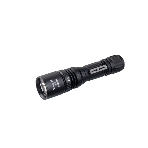 Introducing the Weltool W7: a sleek black flashlight with a textured grip and silver accents, artfully positioned diagonally on a white background. Coming soon!.