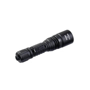A black Weltool W7 LEP tactical flashlight with a textured grip and side button, labeled "Weltool" and "W7" on the head, delivers long-range illumination at 700 lumens. Shown on a white background.