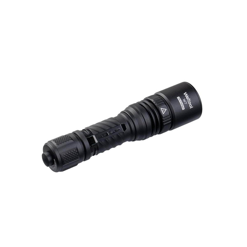A black Weltool W7 LEP tactical flashlight with a textured grip and side button, labeled "Weltool" and "W7" on the head, delivers long-range illumination at 700 lumens. Shown on a white background.