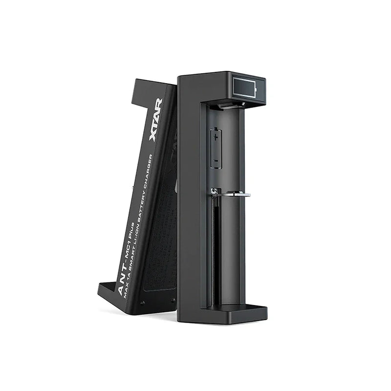 The XTAR ANT MC1 PLUS Micro USB battery charger stands upright on a white background, featuring a single Li-ion charging slot and a small display screen.