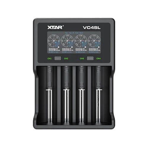 The XTAR VC4SL boasts four slots (CH1 to CH4), a display for voltage and current settings, and USB-C charging for universal use. The brand name is prominently displayed at the top.
