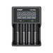 The XTAR VC4SL boasts four slots (CH1 to CH4), a display for voltage and current settings, and USB-C charging for universal use. The brand name is prominently displayed at the top.