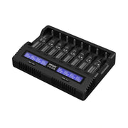 The XTAR VC8S, a black 8-slot battery charger, is equipped with a digital display that shows the charge status of each slot. It also offers capacity and internal resistance testing to help extend your batteries' lifespan.