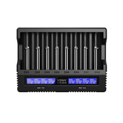 The XTAR VC8S, a black 8-slot battery charger, includes digital display screens labeled from CH1 to CH8 and offers capacity and internal resistance tests for extended life and optimal performance.