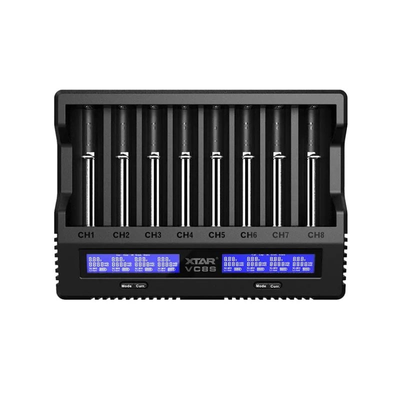 The XTAR VC8S, a black 8-slot battery charger, includes digital display screens labeled from CH1 to CH8 and offers capacity and internal resistance tests for extended life and optimal performance.