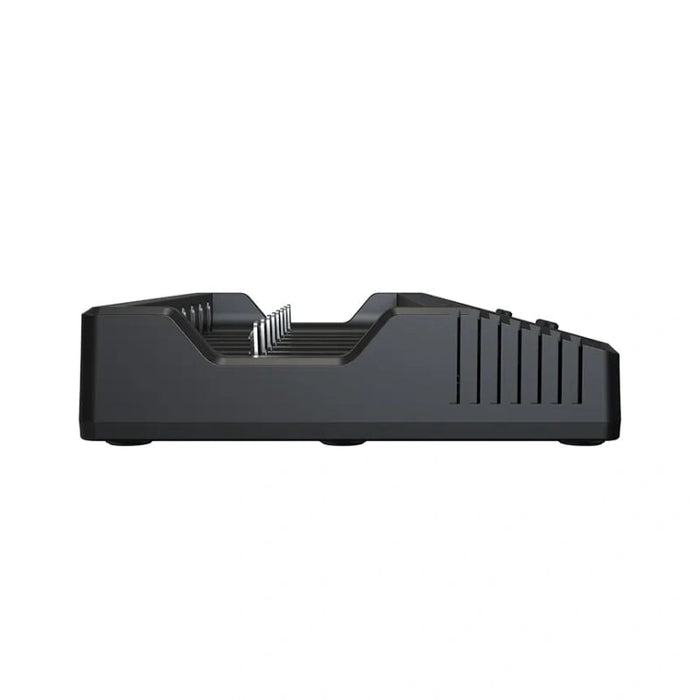 The XTAR VC8S is a sleek black electronic device with a slotted design and side vents, functioning as an 8-slot charger. It is ideal for extended life usage, efficiently handling capacity and internal resistance tests.