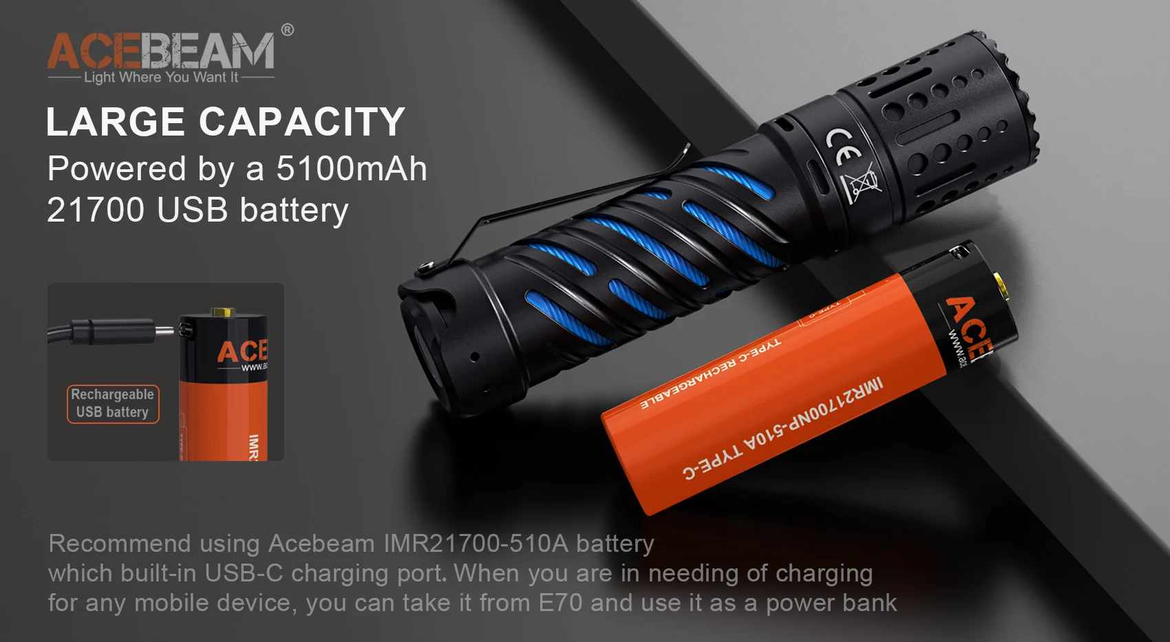 acebeam x70 rechargeable led flashlight Acebeam E70 AL | 4600 lumen EDC Flashlight