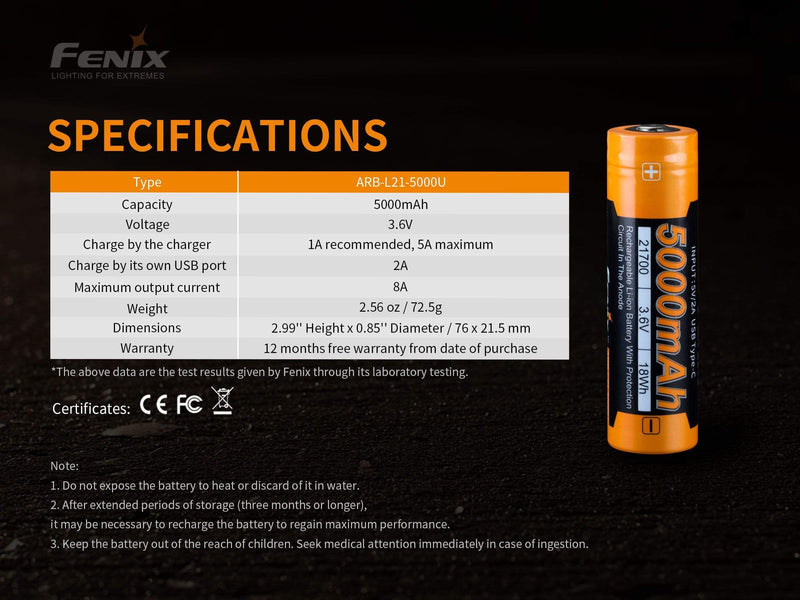 Fenix USB Rechargeable 5000mAh 21700