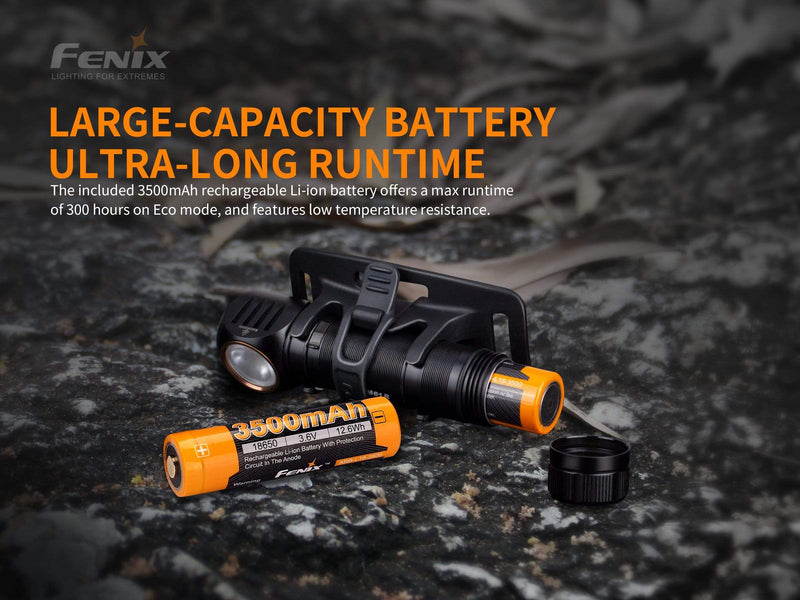 The Fenix HM61R, equipped with a high-capacity 3500mAh rechargeable battery, delivers an extended runtime of up to 300 hours on Eco mode. Its dual light sources and low temperature resistance make this versatile headlamp ideal for any adventure.