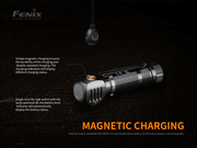The Fenix HM61R flashlight, available in black, includes a magnetic charging cable and prominent text emphasizing important features such as the single-click switch and charging indicators. This versatile device offers dual light sources, making it an excellent multi-functional lighting solution similar to the Fenix HM61R Headlamp.
