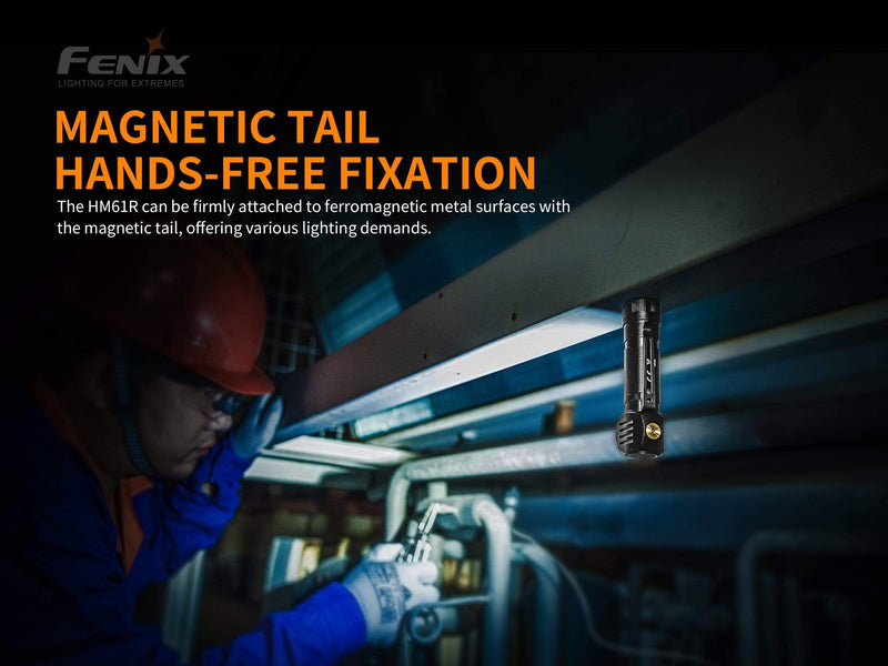 Wearing a helmet, a person uses the Fenix HM61R, which includes dual light sources and a magnetic tail affixed to a metal surface for convenient hands-free illumination.