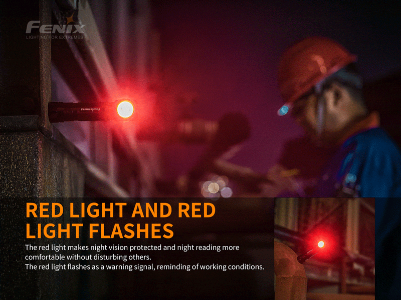 A worker wearing a hard hat uses the versatile Fenix HM61R headlamp outdoors at night. Its dual light sources effectively illuminate the area, while an additional flashlight with a red light attached to a railing indicates active work conditions.