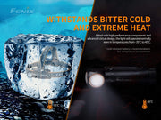 Presenting the Fenix HM61R Headlamp, set against a dramatic ice and fire split backdrop. This versatile LED flashlight features dual light sources and maintains optimal performance in extreme temperatures ranging from -35°C to 45°C, guaranteeing dependable use in any setting.