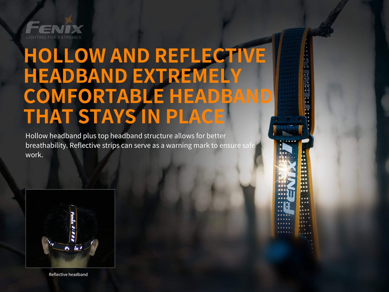 Depiction of a Fenix HM61R headlamp band featuring reflective strips, emphasizing the aspects of comfort, breathability, and safety for work environments. Equipped with dual light sources, it enhances visibility in low-light outdoor situations, making sure you're ready for any task.