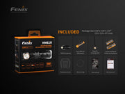 Image displaying the Fenix HM61R multi-functional headlamp package, equipped with dual light sources. The set includes a battery, charging cable, headband, spare O-ring, user manual, and warranty card. Package size details are also available.