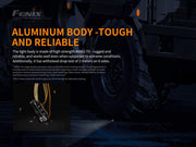 A rugged vehicle and a Fenix HM61R are featured. The text emphasizes the multi-functional headlamp's durable aluminum construction, engineered to endure harsh conditions and drops, while providing dual light sources for exceptional adaptability.