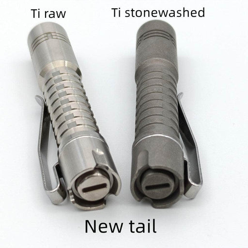 Two Reylight Pineapple Mini Tailcap flashlights with the words raw stonewashed and new tail.