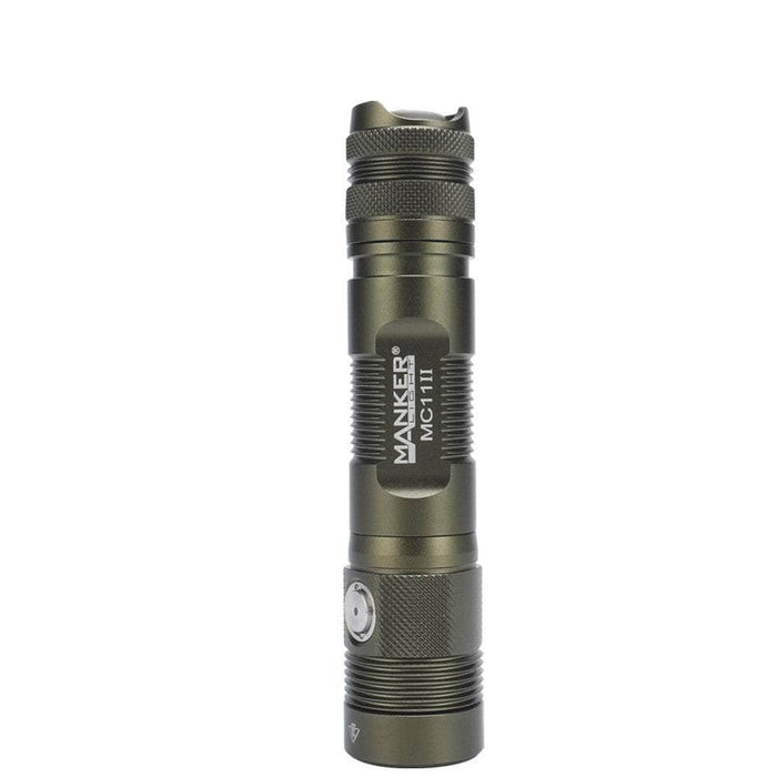 A Manker MC11 II flashlight with a black handle.