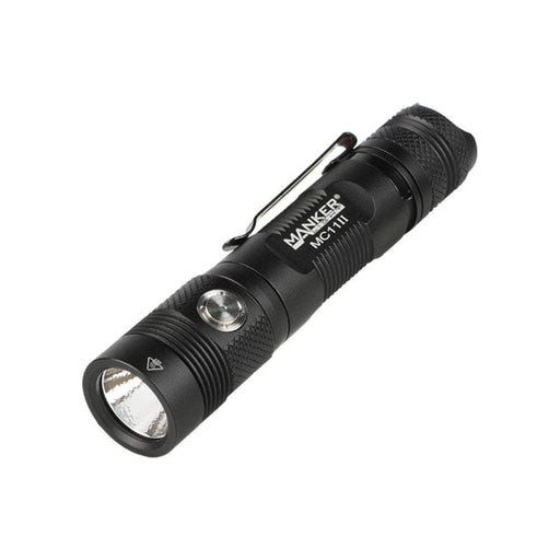 A Manker MC11 II flashlight with a red light on it.