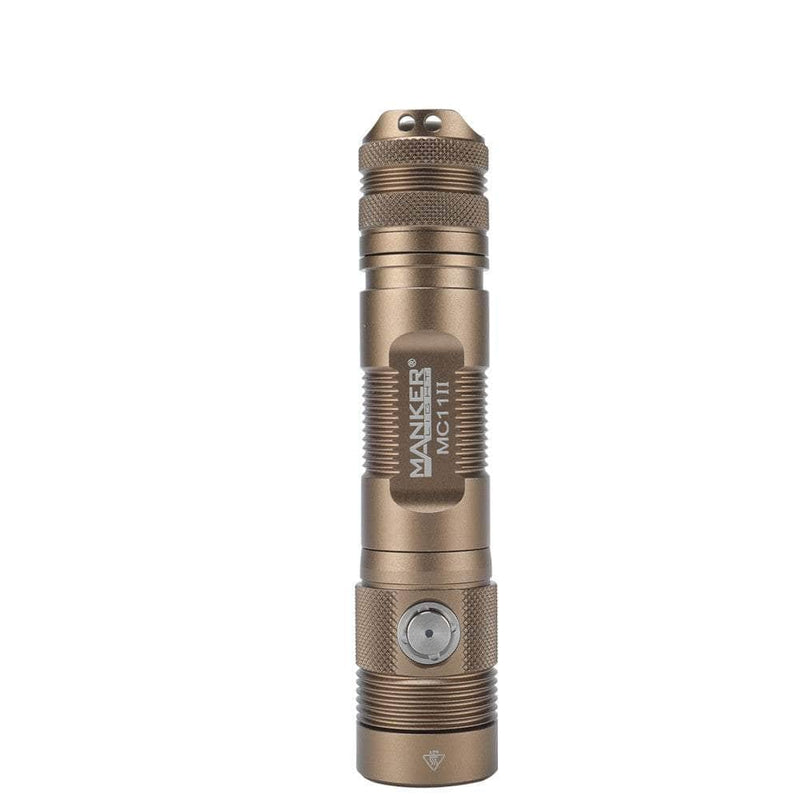 A Manker MC11 II flashlight with a red light on it.