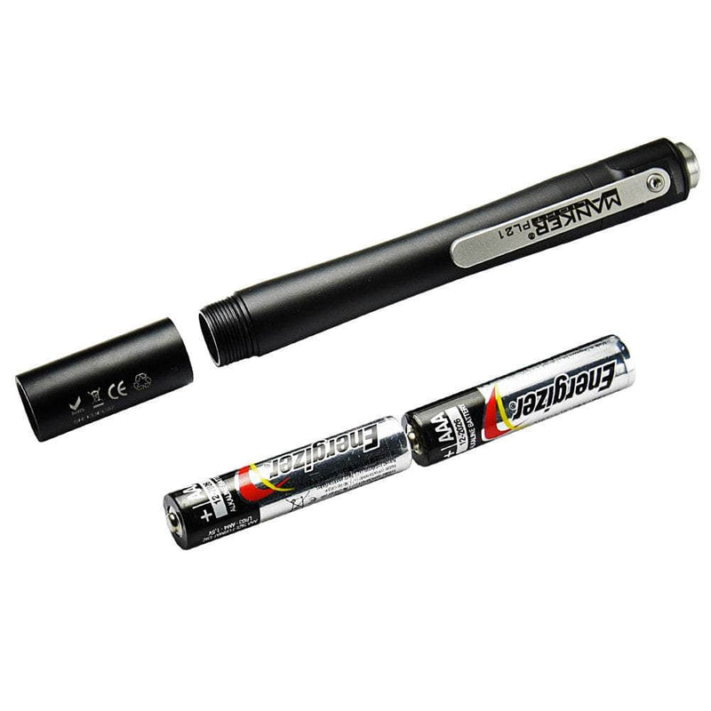 A Manker PL21 with two batteries next to it.