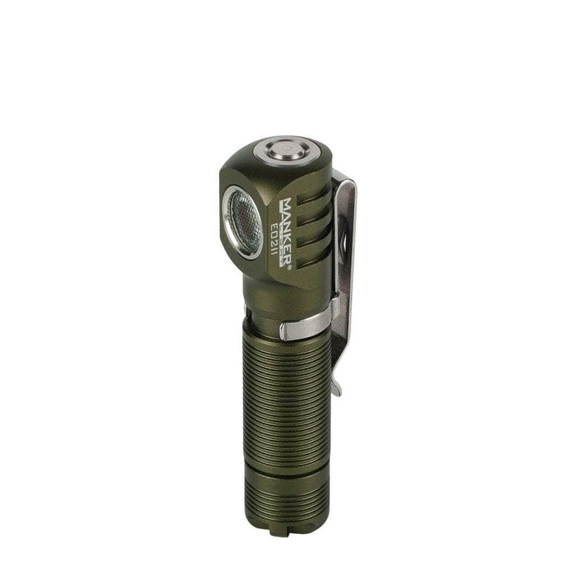 A Manker E02 II flashlight with a clip on it.