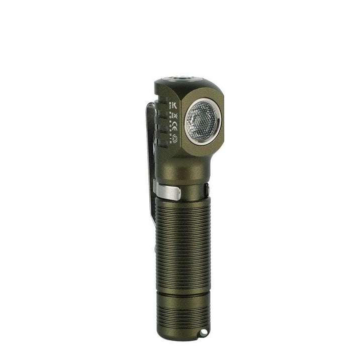 A Manker E02 II flashlight with a metal handle on a white background.