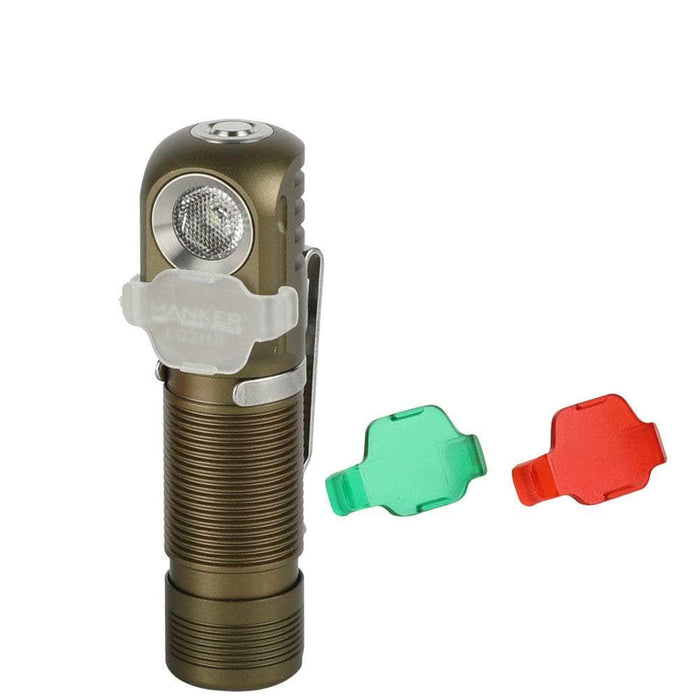 A Manker E03H II flashlight with a red, green, and blue light.