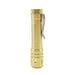 A ReyLight LAN Brass flashlight on a white background.