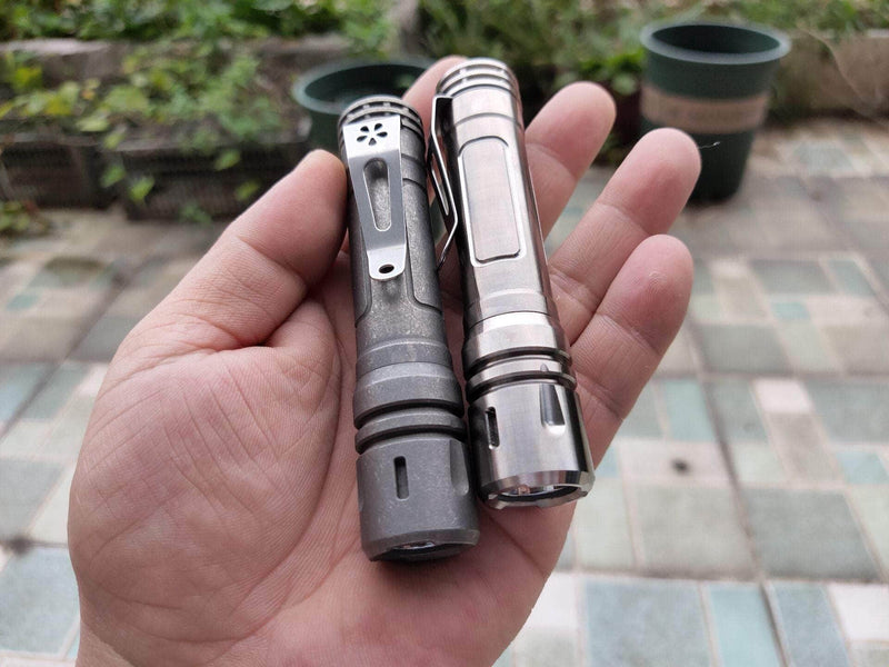 In a garden setting, a hand holds two metal flashlights: one darker and one lighter. The ReyLight LAN Titanium flashlight boasts a sleek design with the renowned Nichia 219B LED for superior illumination.